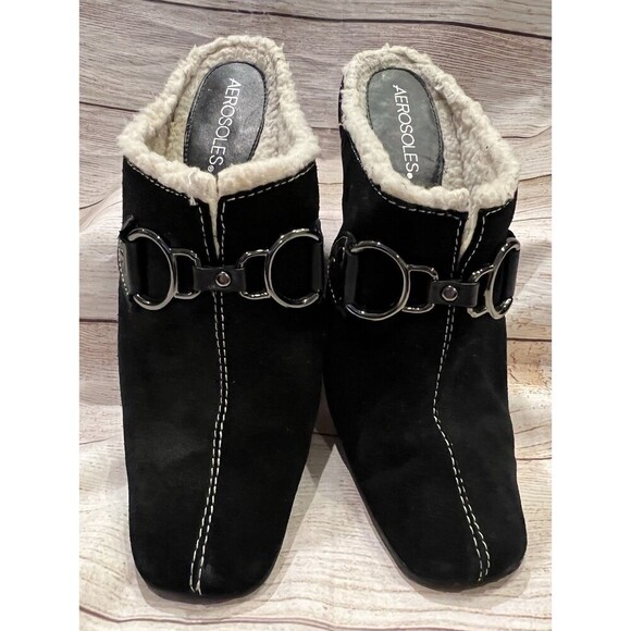 Aerosoles Cinch Shearly US 8.5 Black Suede Slide Slip On Heel Mule Clog - Picture 2 of 9